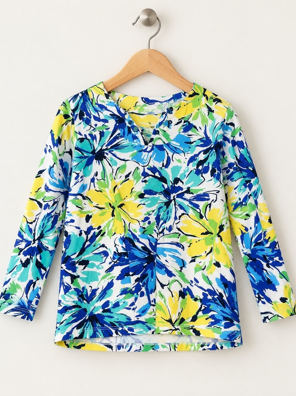 Ruby Rd. Floral Long-Sleeve Tee - Blue, Yellow & Green